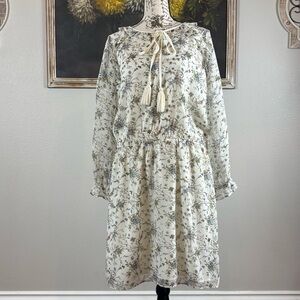 Barneys New York Floral Long Sleeve Tie Neck Peasant Dress Size Medium